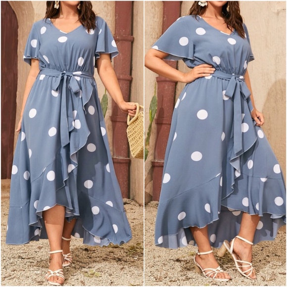 Dresses & Skirts - Plus Boho Dusty Blue Polka Dot Ruffle Maxi Dress
